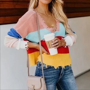 Vici Main Strip Lovesick Distressed Fringe Sweater Pink Blue Red Striped Medium